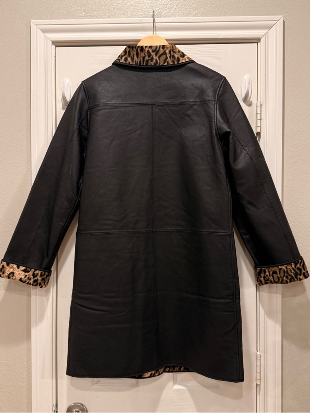 VTG 90s Newport News Leather Reversible Cheetah Longline Trench Coat Sz Small - Picture 6 of 9